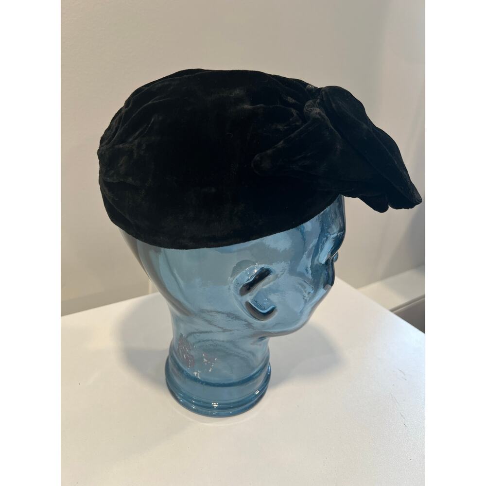 Vintage Turban Style Black Velvet Hat Large Bow JL - Picture 6 of 7